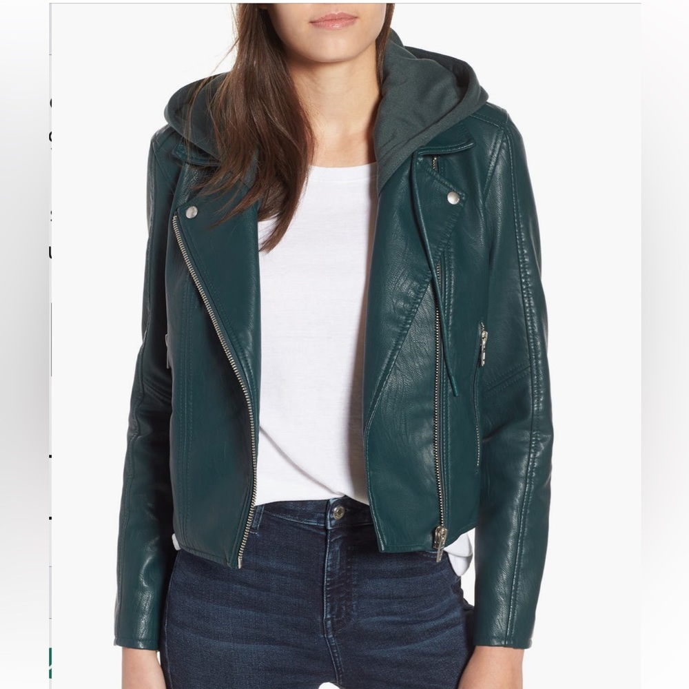 Blank NYC faux leather bomber jacket with removable hood. Size XS